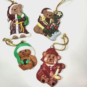 Vintage Christmas Ornament Bears Lot X 4 Hand Painted Flat Back Hanging Ceramic
